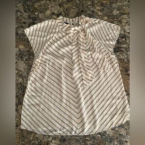 Talbots Blouse Women’s Medium White Tan Stripe Tie Neck Cap Sleeve Top